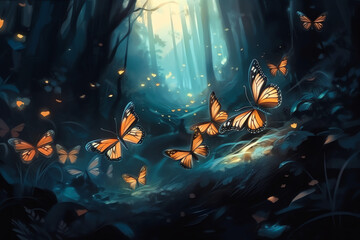 Fototapeta premium landscape with forest at night butterfly blue tone background, AI Generated