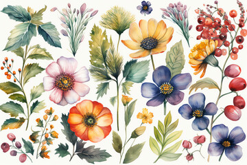 Midsummer colorful flowers in watercolor, illustrator design, patterns, AI Generated.