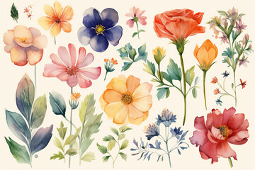 Midsummer colorful flowers in watercolor, illustrator design, patterns, AI Generated.