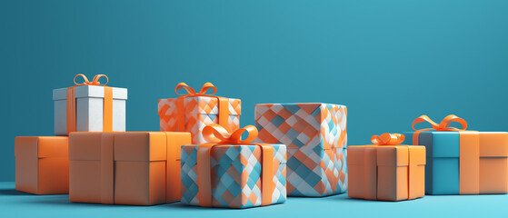 Group of gift in the orange and blue pastel box, pattern, close-up, On blue pastel background, Ai...