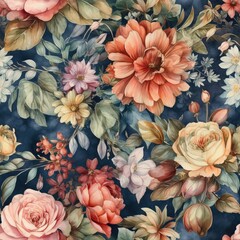 Luxury looking seamless design - pretty flowers in different colors on a sophisticated dark blue background. Great for continuous design development, fabric production, web design. 