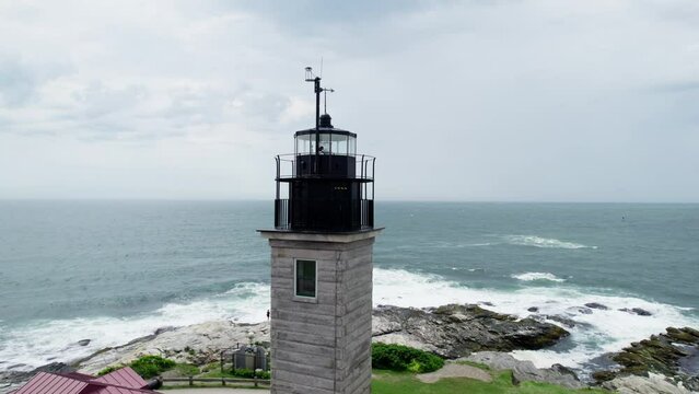 Aerial tour around the tower of Beavertail Lighthouse, Rhode Island