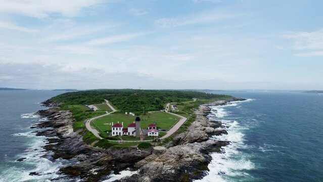 Panoramic aerial view of Conanicut Island with Beavertail Lighthouse, Rhode Island