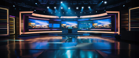 TV studio set. Hand edited generative AI. Tv or Cable new network live studio setup. 