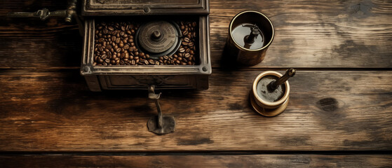 Panoramic coffee beans border vintage Coffeemaker wooden, On brown background, AI Generated	