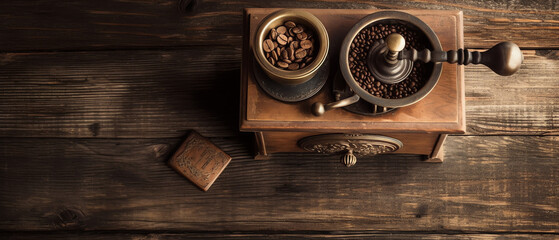 Panoramic coffee beans border vintage Coffeemaker wooden, On brown background, AI Generated	
