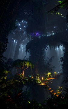 Fantasy dark forest environment surrounded shining light of lamps