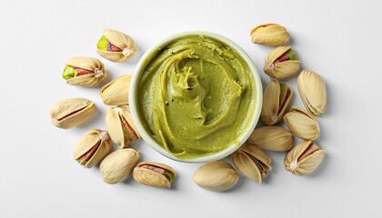 Bowl of creamy pistachio butter and nuts on white background, top view