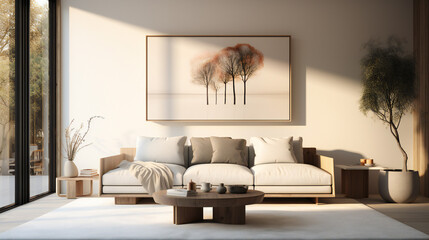 Stylish Living Room Interior with an Abstract Frame Poster, Modern interior design, 3D render, 3D illustration