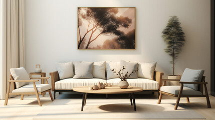 Stylish Living Room Interior with an Abstract Frame Poster, Modern interior design, 3D render, 3D illustration