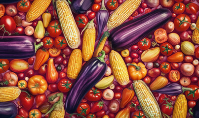  a painting of corn, tomatoes, corn and other vegetables.  generative ai