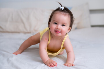 mixed ethnicity Asian Caucasian baby girl crawling on bed happy and curious - sweet and adorable little baby 8 months old with a funny pony tail exploring around cheerful