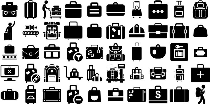 Big Collection Of Baggage Icons Bundle Flat Cartoon Symbols Business, Carousel, Icon, Baggage Element Isolated On White Background