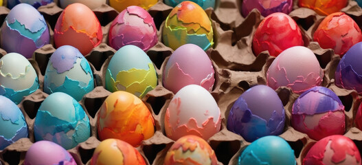 genetic engineering, genetic modification, GM, GMO, GE, concept. Colorful eggs. Hand edited generative AI.   