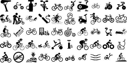Fototapeta na wymiar Huge Collection Of Bicycle Icons Pack Black Drawing Silhouettes Icon, Inflatable, Wheel, Symbol Silhouette For Computer And Mobile