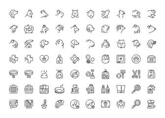 Pet Care Vector Icons Set - Cats, Dogs, Hamsters, Rodents, Turtles, Exotic Pets, Veterinary Symbols, Toys, Health Care Items, Analysis Equipment, and Popular Vet Procedures.