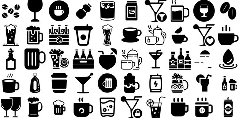 Huge Set Of Beverage Icons Collection Black Infographic Silhouettes Symbol, Pub, Icon, Coin Illustration Isolated On White Background