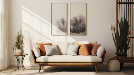 Stylish Living Room Interior with an Abstract Frame Poster, Modern interior design, 3D render, 3D illustration
