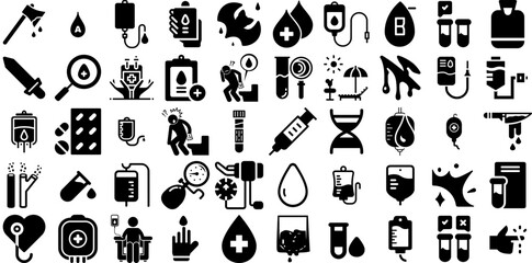 Mega Set Of Blood Icons Set Hand-Drawn Solid Modern Silhouettes Icon, Pest, Blood Test, Health Element Isolated On White Background - obrazy, fototapety, plakaty