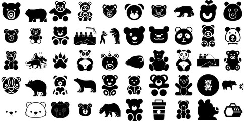 Massive Set Of Bear Icons Pack Hand-Drawn Linear Design Silhouette Sweet, Icon, Head, Candy Logotype Isolated On Transparent Background