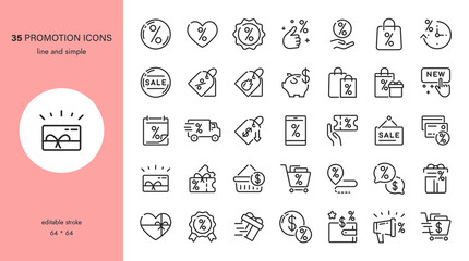 Discount and Promotion Icons Set. Editable Vector Symbols for Retail, Sales, and Commerce. Labels, Gift Cards, Coupons, Vouchers, Shopping Deals, and New Arrivals. - obrazy, fototapety, plakaty