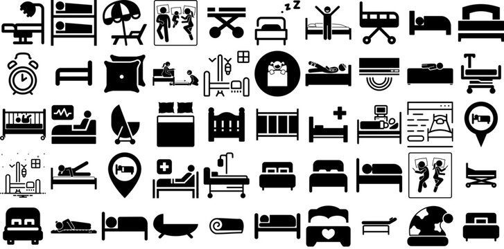 Huge Set Of Bed Icons Collection Isolated Drawing Symbol Hospital, Set, Linen, Icon Clip Art Isolated On Transparent Background