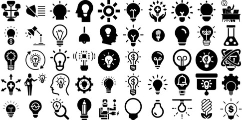 Huge Collection Of Bulb Icons Collection Hand-Drawn Solid Cartoon Symbol Electrification, Set, Tool, Illumination Symbol Vector Illustration
