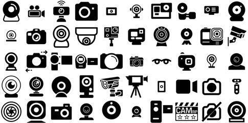 Huge Collection Of Cam Icons Set Linear Design Pictograms Recorder, Camera, Icon, Collection Glyphs Isolated On White Background - obrazy, fototapety, plakaty