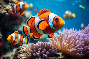 Naklejka na ściany i meble playfully clownfish in coral reef