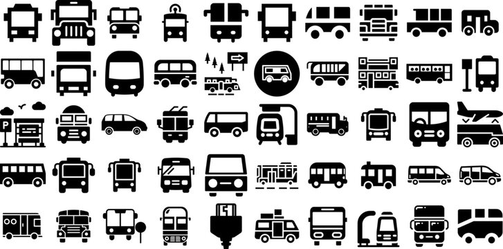 Huge Set Of Bus Icons Bundle Hand-Drawn Solid Simple Clip Art Holiday Maker, Icon, Symbol, Business Silhouettes For Apps And Websites
