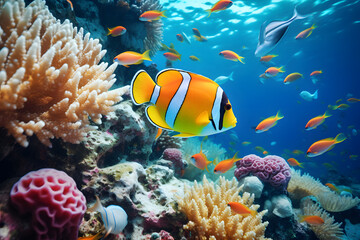 Fototapeta na wymiar playfully clownfish in coral reef