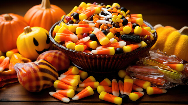 Assortment of Halloween candies arranged in a colorful display with a candy corn and pumpkins. Generative Ai.