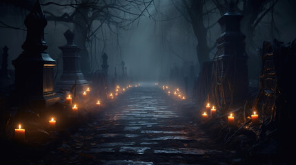 The candlelit path leading through the autumn woods creates an ethereal and solemn atmosphere. Generative Ai.