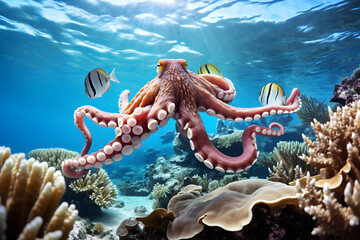 Octopus swim in coral reef with fish - obrazy, fototapety, plakaty