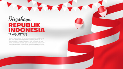 indonesia independence day banner with indonesian flag ribbon, balloons and confetti