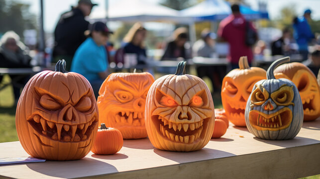 Pumpkin carving contest at a community event, showcasing creative designs. Generative Ai.