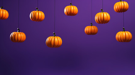 Halloween 3D background. Halloween pumpkins hanging on a purple background. Generative Ai.