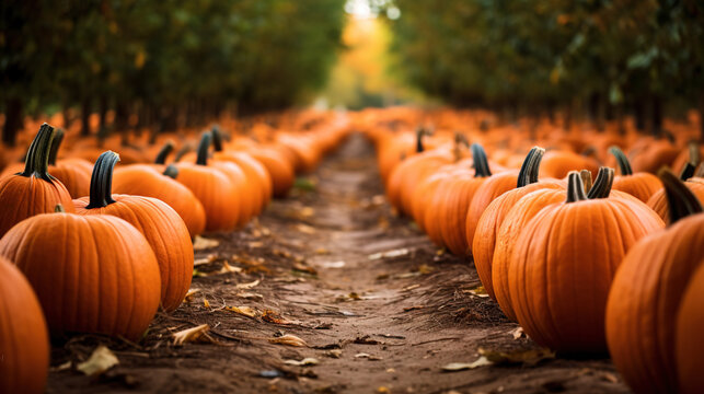 Pumpkin patch with rows of orange pumpkins ready for carving. Ripe pumpkins in a farmer's field. Generative Ai.