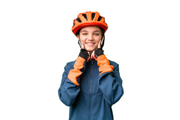 Teenager cyclist girl over isolated chroma key background smiling with a happy and pleasant expression - obrazy, fototapety, plakaty