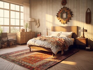 Cozy bedroom with bed and pillows, made with generative AI
