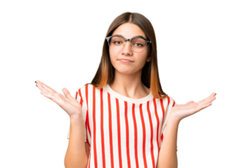 Teenager girl over isolated chroma key background With glasses and having doubts