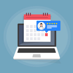 Calendario e orologio sullo schermo del laptop. Pianificare i concetti. Moderni elementi grafici di design piatto. Illustrazione