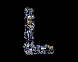 Letters made of natural transparent diamond-like material. 3d illustration of glass alphabet isolated on white background