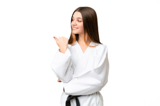 Teenager girl doing karate over isolated chroma key background pointing to the side to present a product