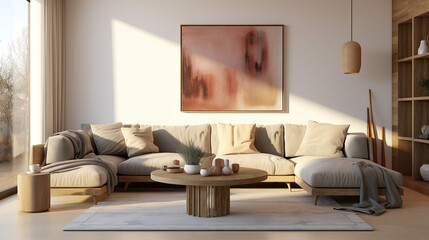 Stylish Living Room Interior with an Abstract Frame Poster, Modern interior design, 3D render, 3D illustration