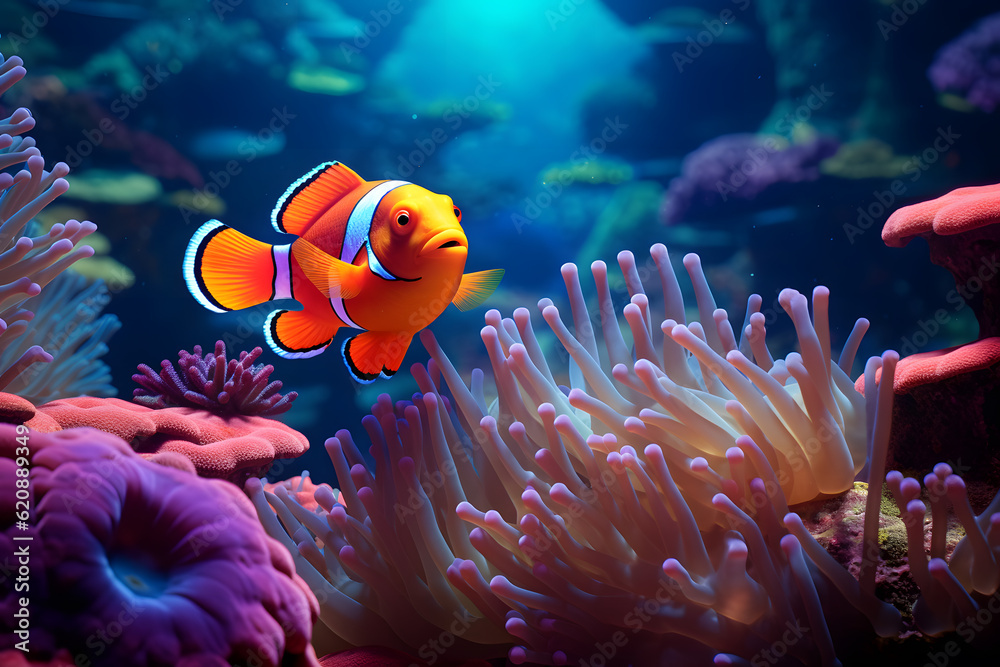 Wall mural vibrant clownfish swimming in coral reef sea