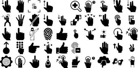 Massive Set Of Finger Icons Set Black Modern Pictogram Pointer, Icon, Glyphs, Symbol Buttons Isolated On Transparent Background