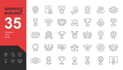 Wall murals One line Awards_iconsAwards and Bonuses Editable Icons set. Vector illustration in modern thin line style of icons, such as: Cups, Awards, Medals, Diplomas, Champion, Number One, Stars, Winner, Ribbon. Isolate