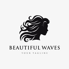 Beautiful woman logo with waves hair, silhouette, black and white, vintage design template vector illustration