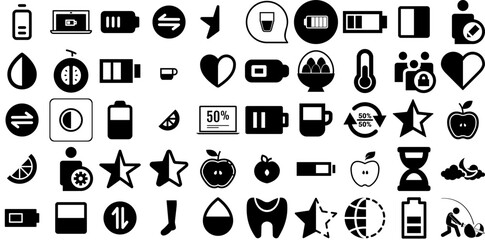 Big Set Of Half Icons Bundle Hand-Drawn Isolated Infographic Silhouette Fruit, Icon, Half, Peeled Glyphs For Computer And Mobile